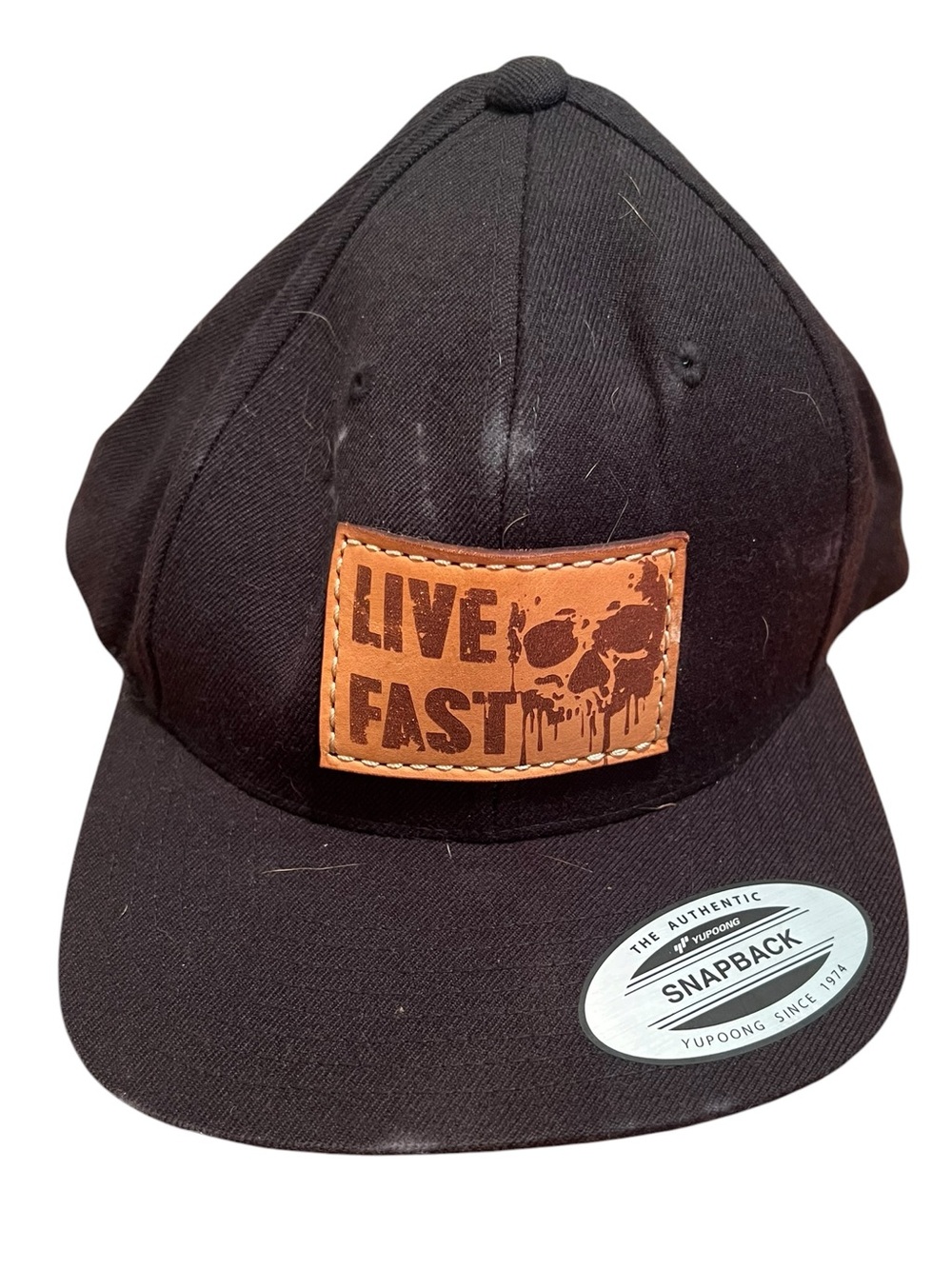 The Classics Yupoong Snapback Hat Black‎ Live Fast Skull Leather Patch Acrylic